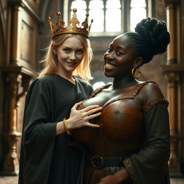 In a brightly lit medieval palace room, a captivating scene features a very short, malnourished young blonde woman, only 20 years old, with pale skin and striking blue eyes