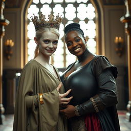 In a brightly lit medieval palace room, a captivating scene features a very short, malnourished young blonde woman, only 20 years old, with pale skin and striking blue eyes