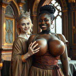 In a brightly lit medieval palace room, a captivating scene features a very short, malnourished young blonde woman, only 20 years old, with pale skin and striking blue eyes