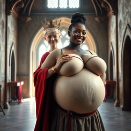 In a brightly lit medieval palace room, the scene presents an intriguing contrast between two characters