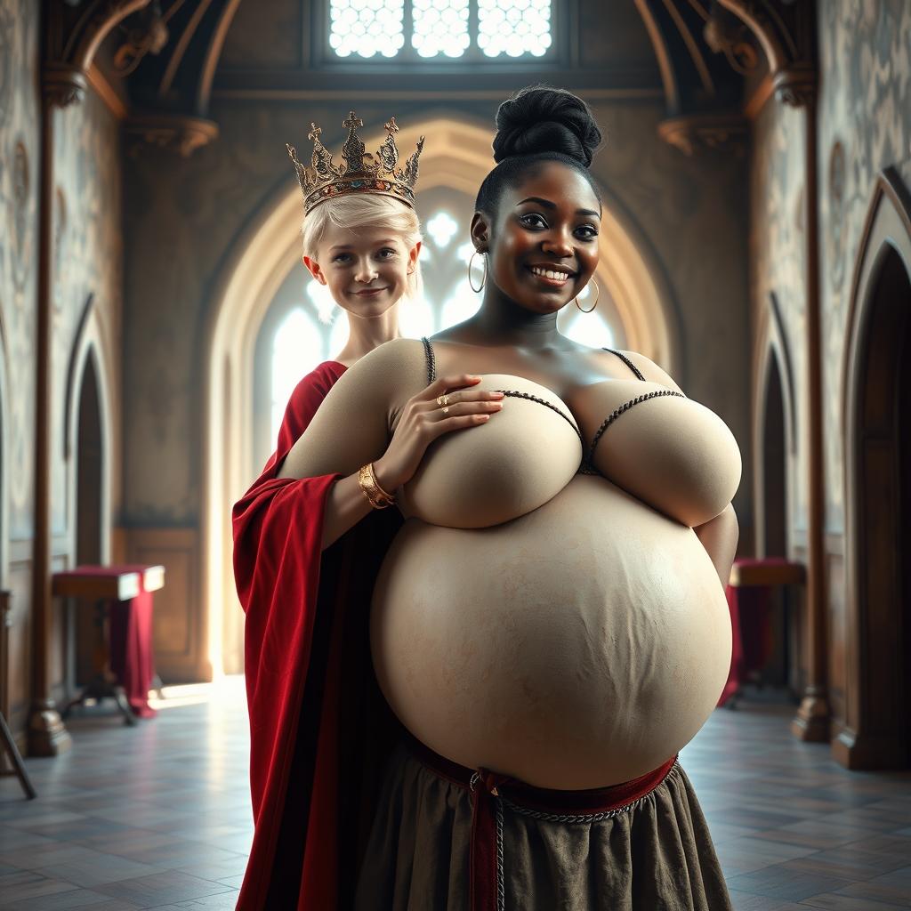 In a brightly lit medieval palace room, the scene presents an intriguing contrast between two characters