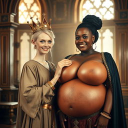 In a brightly lit medieval palace room, the scene presents an intriguing contrast between two characters