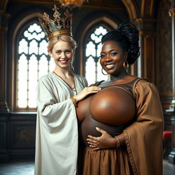 In a brightly lit medieval palace room, the scene presents an intriguing contrast between two characters