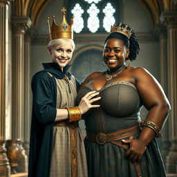 In a brightly lit medieval palace room, the scene presents an intriguing contrast between two characters