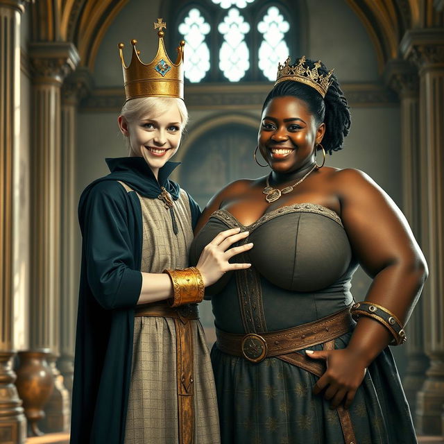 In a brightly lit medieval palace room, the scene presents an intriguing contrast between two characters