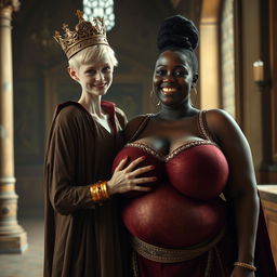 In a brightly lit medieval palace room, the atmosphere is filled with a strange allure