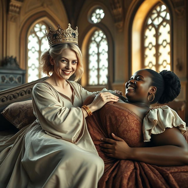 In a sunlit medieval palace bedroom, the scene captures a fascinating dynamic between two women