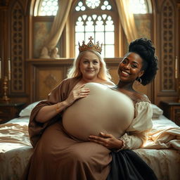 In a sun-drenched medieval palace bedroom, an enchanting scene unfolds on a grand bed