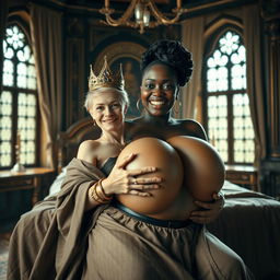 In a sun-drenched medieval palace bedroom, an enchanting scene unfolds on a grand bed