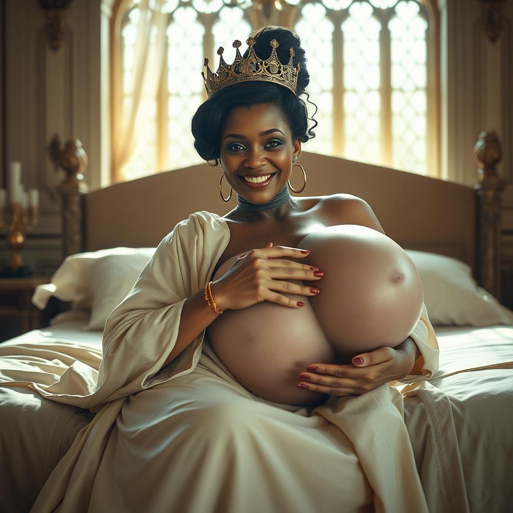 In a sun-drenched medieval palace bedroom, an enchanting scene unfolds on a grand bed