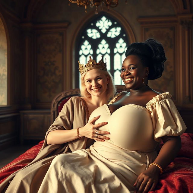 In a sun-drenched medieval palace bedroom, an enchanting scene unfolds on a grand bed