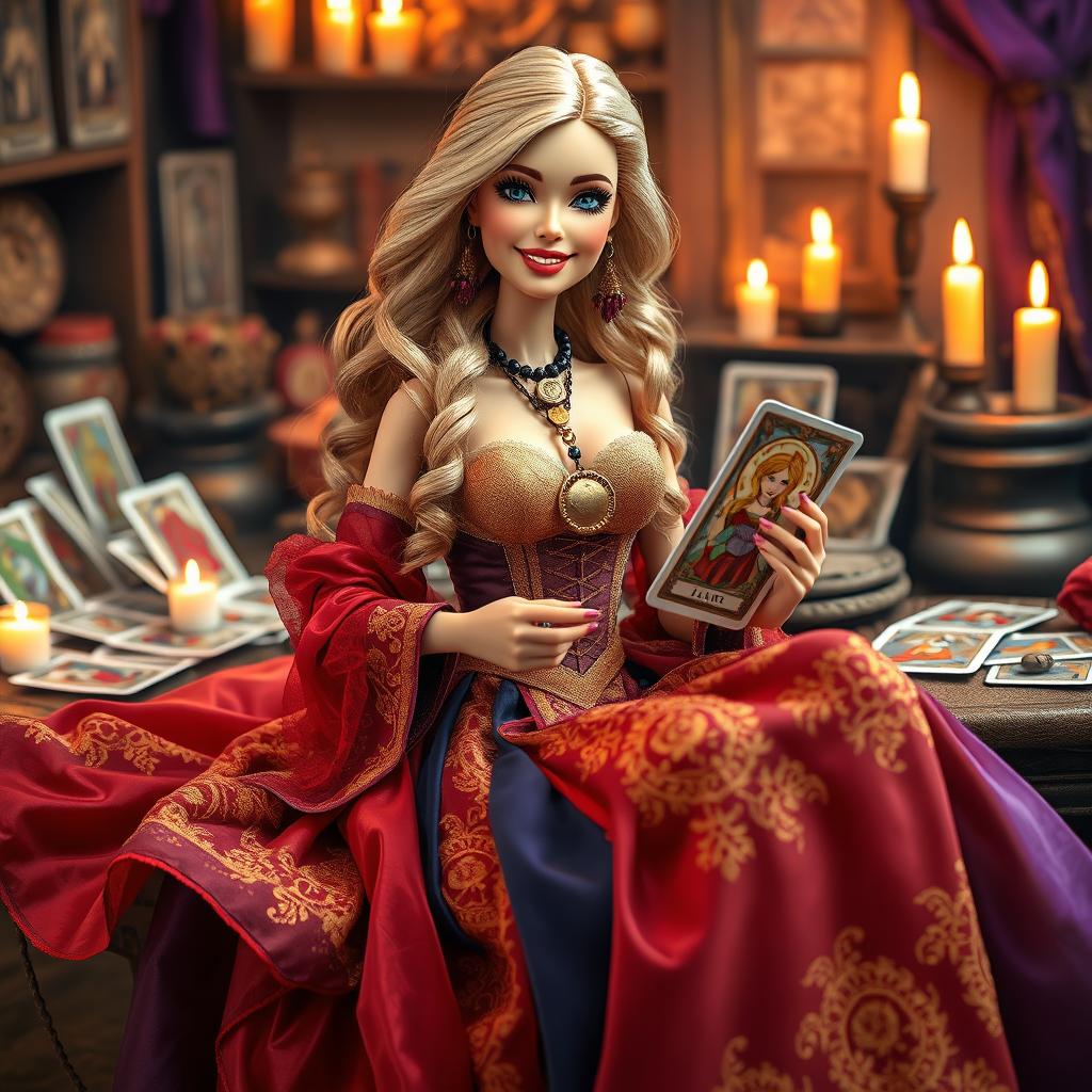 A cheerful and jovial Barbie-style gypsy witch is sitting at her tarot table, holding a tarot card with a relaxed and smiling expression