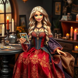 A cheerful and jovial Barbie-style gypsy witch is sitting at her tarot table, holding a tarot card with a relaxed and smiling expression
