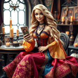 A cheerful and jovial Barbie-style gypsy witch is sitting at her tarot table, holding a tarot card with a relaxed and smiling expression