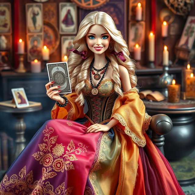 A cheerful and jovial Barbie-style gypsy witch is sitting at her tarot table, holding a tarot card with a relaxed and smiling expression