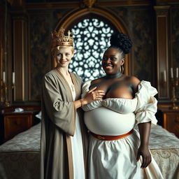 In a brightly lit medieval palace bedroom, a striking scene unfolds on a grand bed