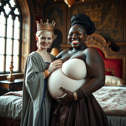 In a brightly lit medieval palace bedroom, a striking scene unfolds on a grand bed