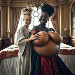 In a brightly lit medieval palace bedroom, a striking scene unfolds on a grand bed