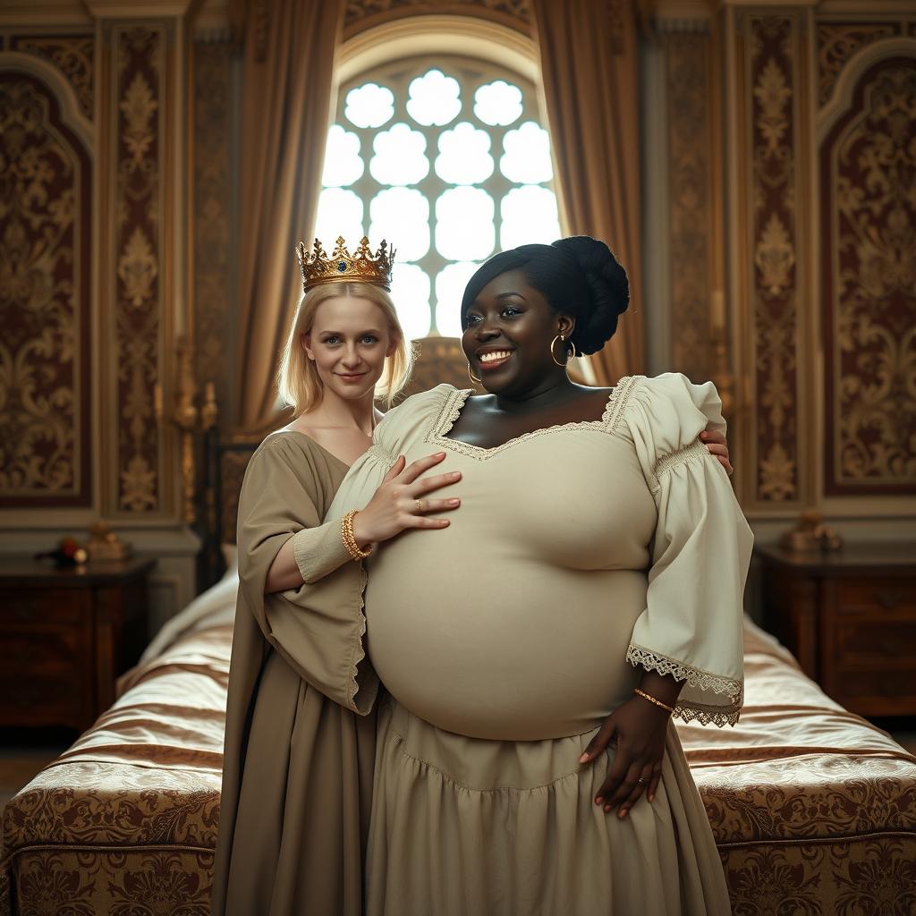 In a brightly lit medieval palace bedroom, a striking scene unfolds on a grand bed