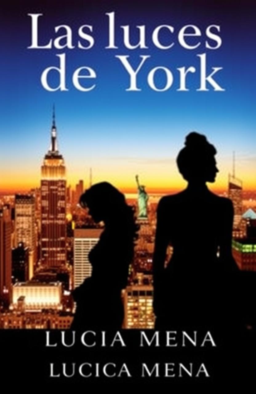 Two silhouettes of women, one slightly taller than the other, set against the vibrant backdrop of New York City