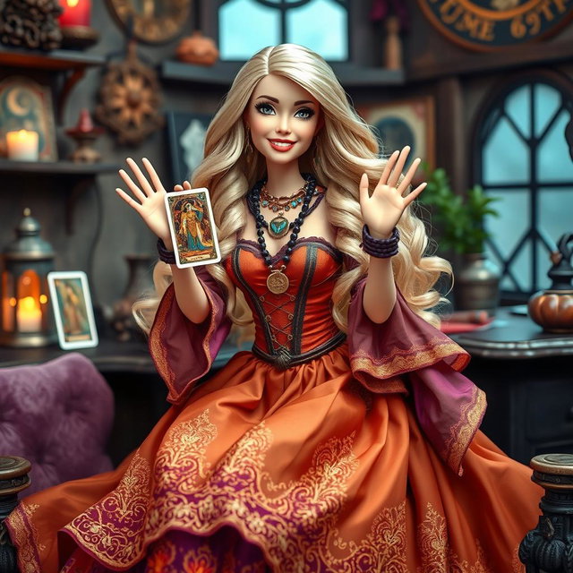 A jovial and playful gypsy witch inspired Barbie holding a tarot card, exuding a relaxed and smiling expression