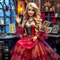 A jovial and playful gypsy witch inspired Barbie holding a tarot card, exuding a relaxed and smiling expression