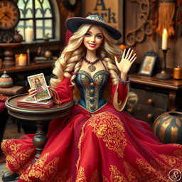 A jovial and playful gypsy witch inspired Barbie holding a tarot card, exuding a relaxed and smiling expression