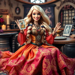 A jovial and playful gypsy witch inspired Barbie holding a tarot card, exuding a relaxed and smiling expression