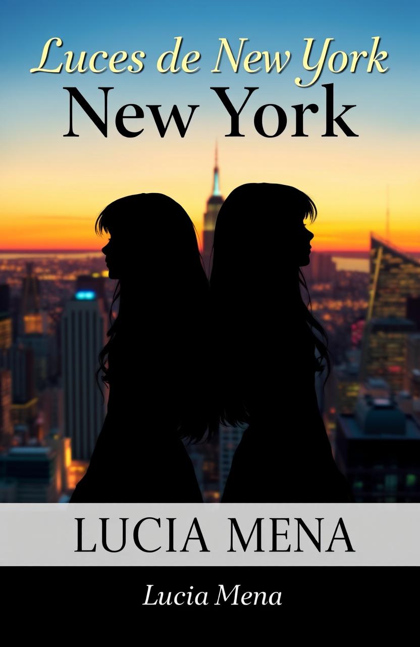 Two silhouettes of two girls with long hair, one taller than the other, looking sideways at each other against the backdrop of New York City