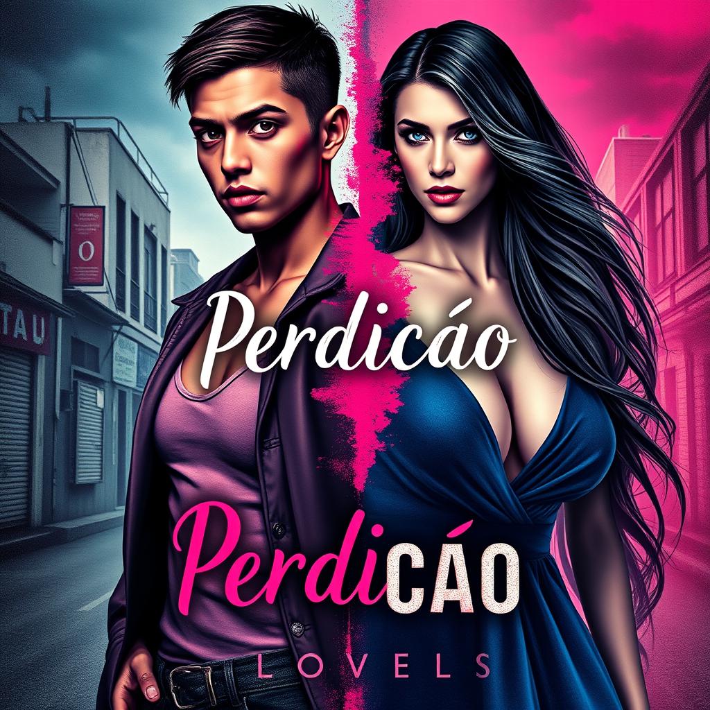 a book cover for a novel titled 'Perdição' featuring two main characters: Júlia, a masculine-presenting criminal from the favela of Rocinha, depicted with short hair, tough clothing, and confident expression, alongside Aimê, a feminine wealthy heiress from Leblon, shown with long flowing hair, elegant attire, and a graceful demeanor
