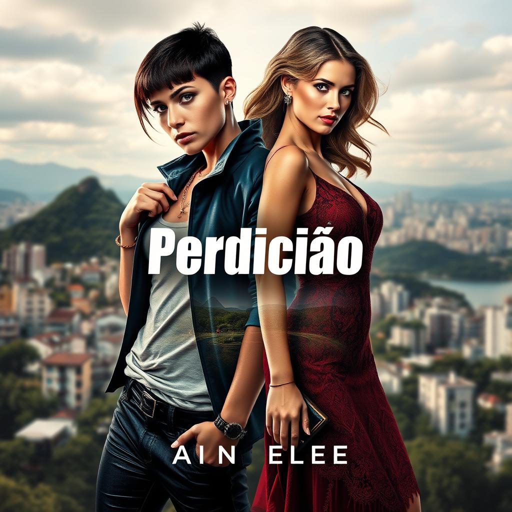 Book cover design for the title "Perdição", featuring two contrasting characters: Júlia, a masculinized criminal from the Rocinha favela, showcasing a tough demeanor, wearing casual street-style clothing, with short cropped hair and a confident pose; and Aimê, a wealthy heiress from Leblon, depicted as more feminine, with long flowing hair, elegant attire, exuding grace and sophistication