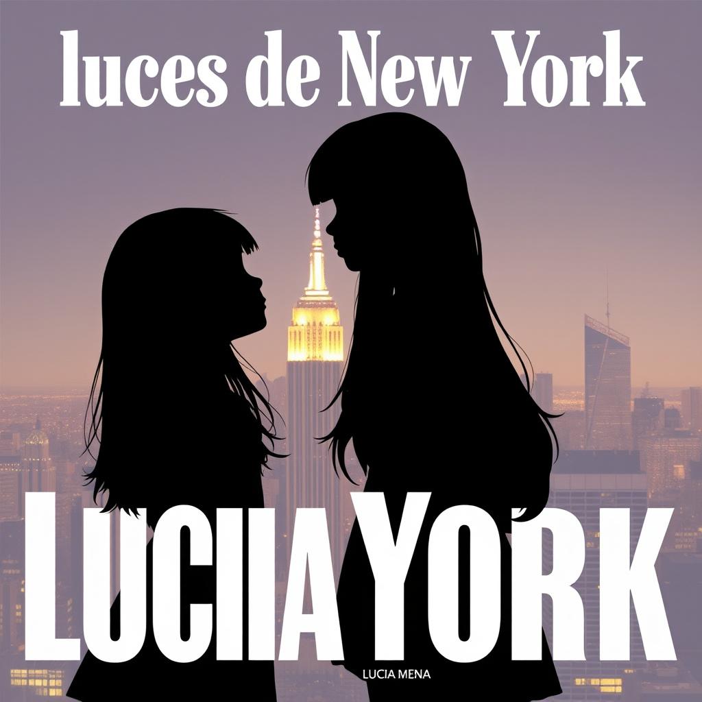 Two silhouettes of two girls with long hair, one taller than the other, looking sideways at each other against the backdrop of New York City