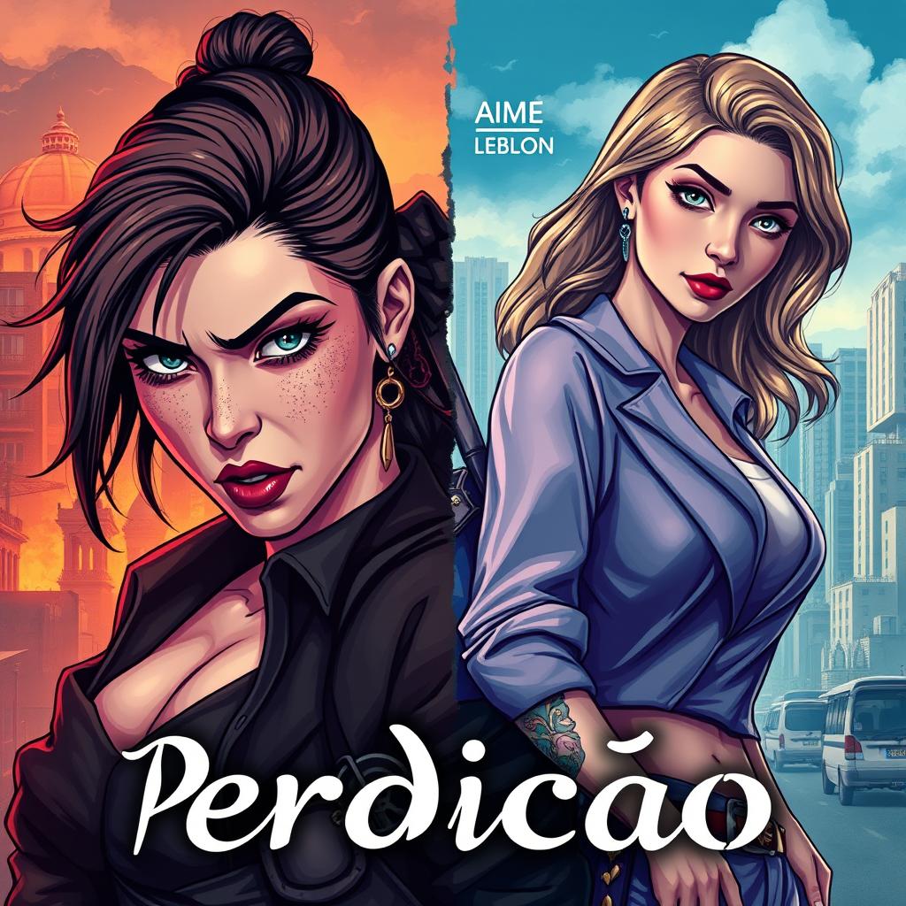 A captivating book cover titled 'Perdição' featuring two female characters: Júlia, a rugged and masculine-looking woman with a tough attitude, representing a streetwise criminal from Rocinha, and Aimê, an elegant and feminine woman, a wealthy heiress from Leblon