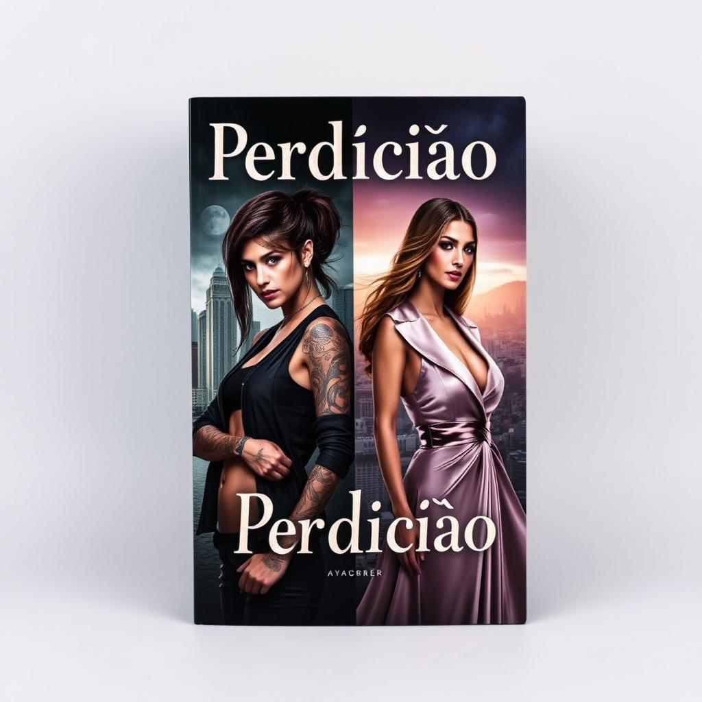 A captivating book cover for a novel titled 'Perdição', featuring the contrasting characters Júlia and Aimê