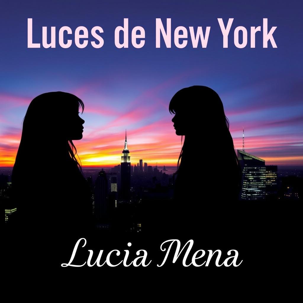 Two silhouettes of two girls with long hair, one taller than the other, glancing sideways at each other against the vibrant backdrop of New York City