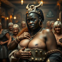 In a vivid medieval tavern filled with older blonde prostitutes showcasing their ample figures, the atmosphere is rich with energy