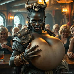 In a vivid medieval tavern filled with older blonde prostitutes showcasing their ample figures, the atmosphere is rich with energy