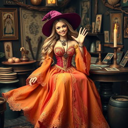 A cheerful and jovial gypsy witch named Barbie, smiling relaxed and friendly, looking at the camera and waving