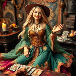 A cheerful and jovial gypsy witch named Barbie, smiling relaxed and friendly, looking at the camera and waving