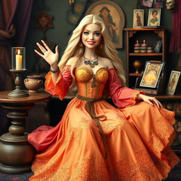A cheerful and jovial gypsy witch named Barbie, smiling relaxed and friendly, looking at the camera and waving