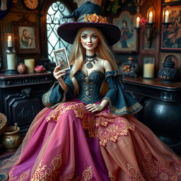 A cheerful and expressive Gothic Barbie witch, known as Bruja Gitana, sitting at her tarot table
