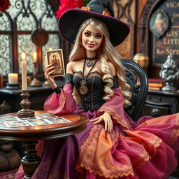 A cheerful and expressive Gothic Barbie witch, known as Bruja Gitana, sitting at her tarot table