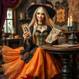 A cheerful and expressive Gothic Barbie witch, known as Bruja Gitana, sitting at her tarot table