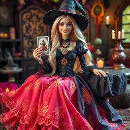 A cheerful and expressive Gothic Barbie witch, known as Bruja Gitana, sitting at her tarot table
