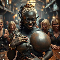 In a lively medieval tavern bustling with older blonde prostitutes exhibiting large breasts, the scene captures the unique atmosphere of the era