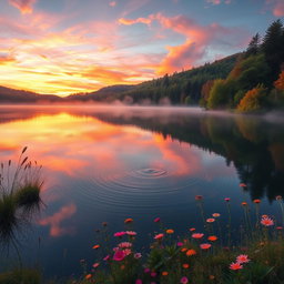 A stunning, dreamy landscape featuring a serene lake surrounded by lush, vibrant forests during sunset