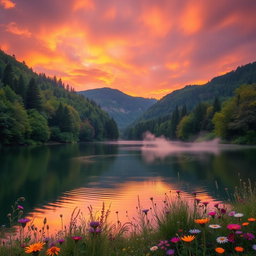A stunning, dreamy landscape featuring a serene lake surrounded by lush, vibrant forests during sunset
