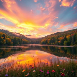 A stunning, dreamy landscape featuring a serene lake surrounded by lush, vibrant forests during sunset