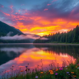 A stunning, dreamy landscape featuring a serene lake surrounded by lush, vibrant forests during sunset