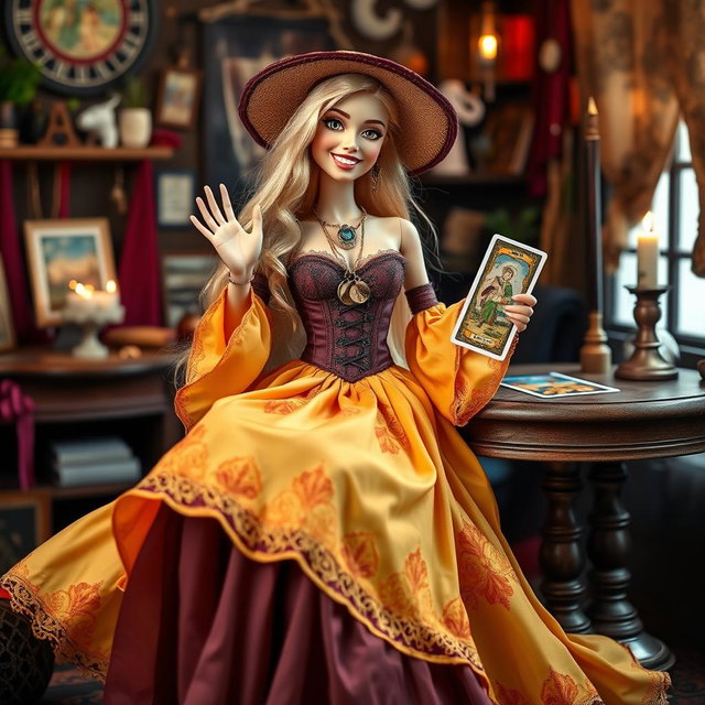 A cheerful and relaxed Barbie-style Gypsy Witch holding a tarot card, with a big friendly smile, looking at the camera while waving